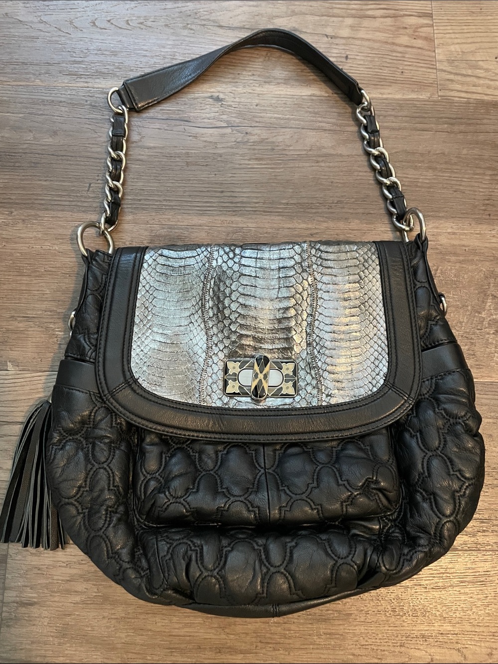Chi by Carlos Falchi Black Leather Shoulder Bag with Silver Snake-Print Flap
